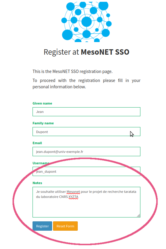 Capture d&#39;écran du formulaire d&#39;enregistrement dans le SSO Mesonet