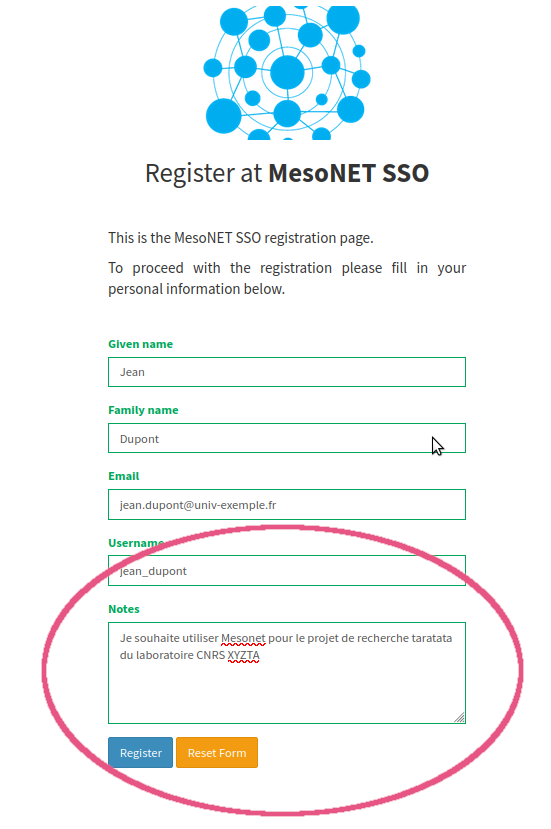 Capture d&#39;écran du formulaire d&#39;engistrement dans le SSO Mesonet